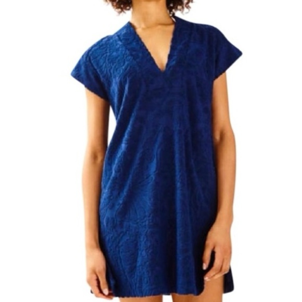 Lilly Pulitzer Finsbury Cover-Up True Navy, Too Much Bubbly Jacquard Sz XS